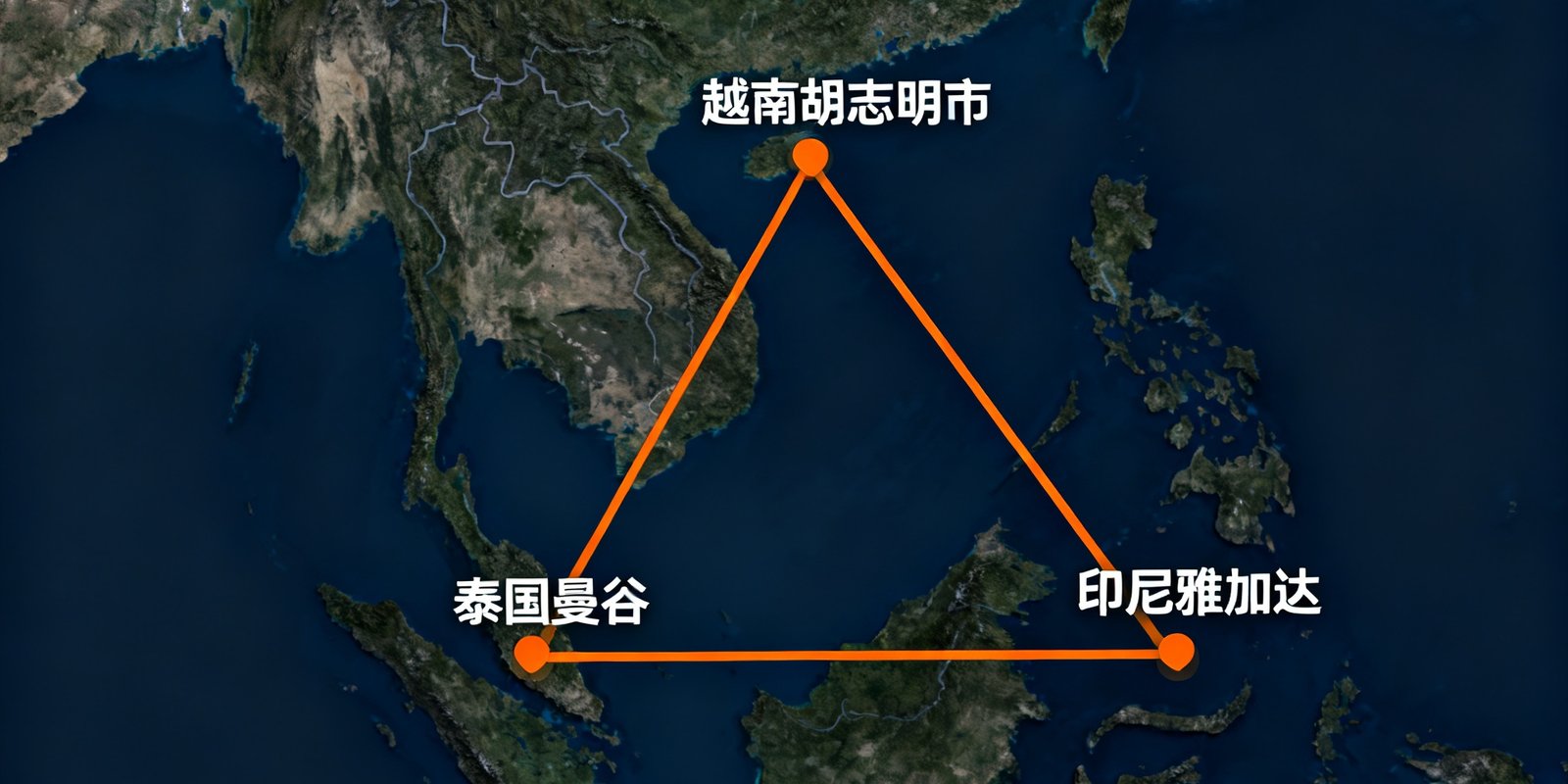 东南亚地图上标注了三个仓储中心位置，分别位于越南胡志明市、泰国曼谷和印尼雅加达，用橙色线条连接形成三角网络