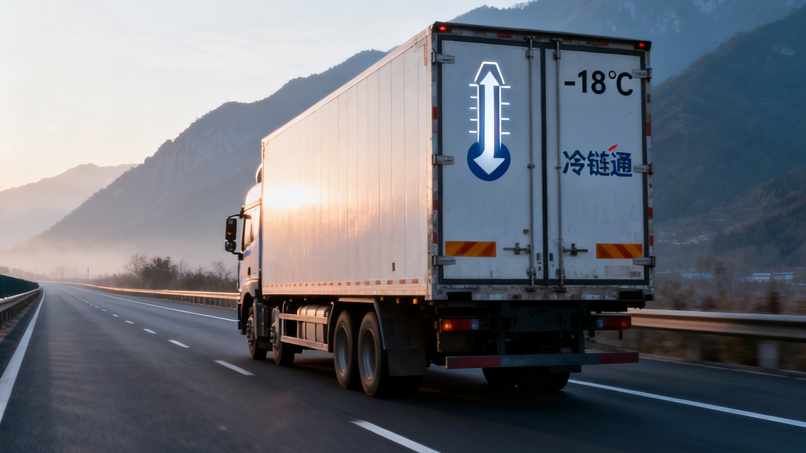 冷链运输专用卡车在高速公路上行驶，车厢外部印有温度标识和公司标识，背景是清晨的公路和远处的山脉
