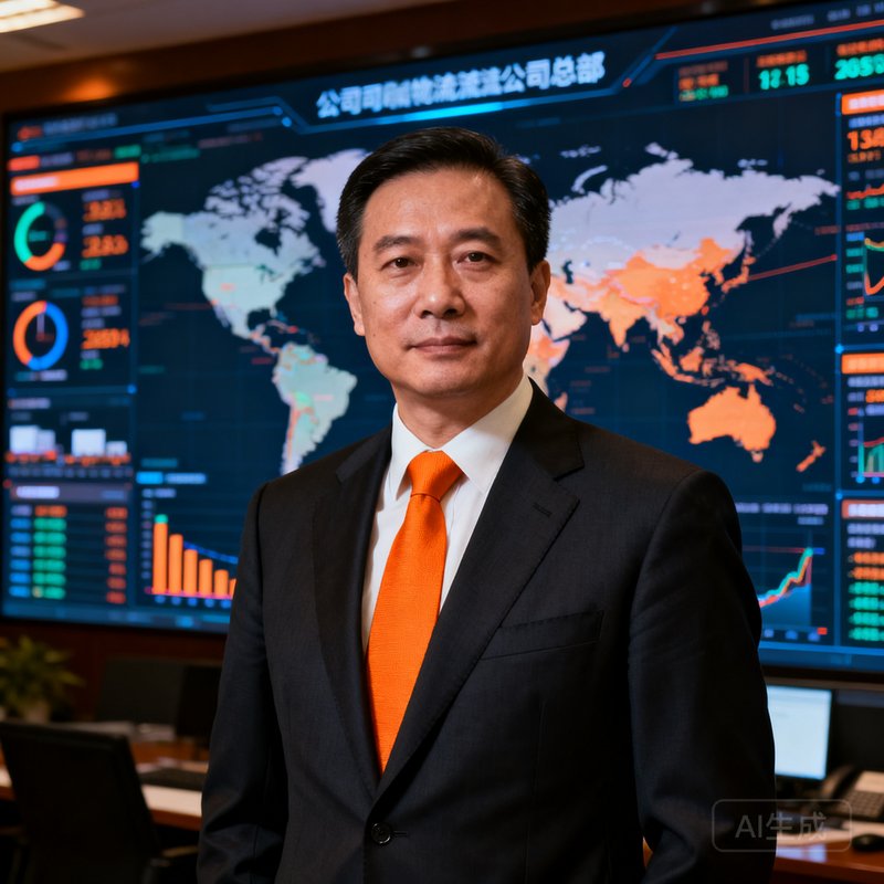 张明远先生正面商务照，身穿深色西装搭配橙色领带，背景是公司总部的全球物流数据大屏，表情沉稳自信