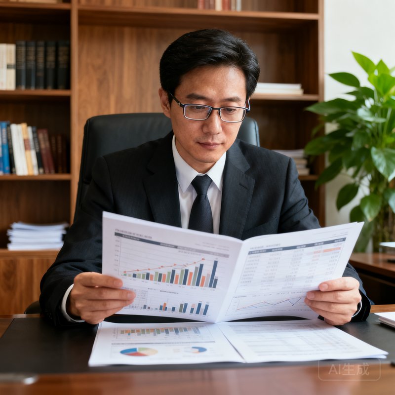 王振宇先生商务照，佩戴眼镜，在办公室中翻阅财务报告，背景是书架和绿植，展现严谨专业的金融形象